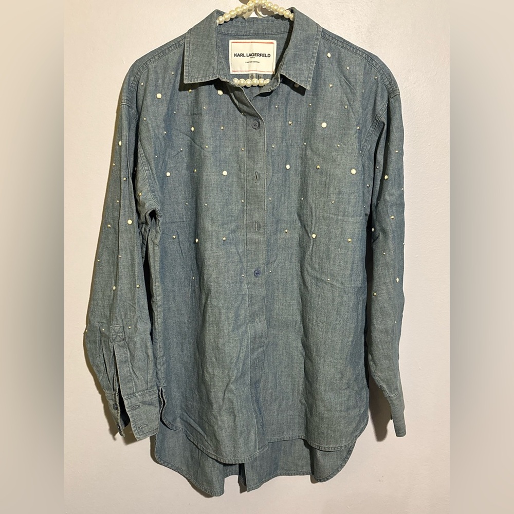Karl Lagerfeld Blue Denim Shirt with Pearl Accents Size XS